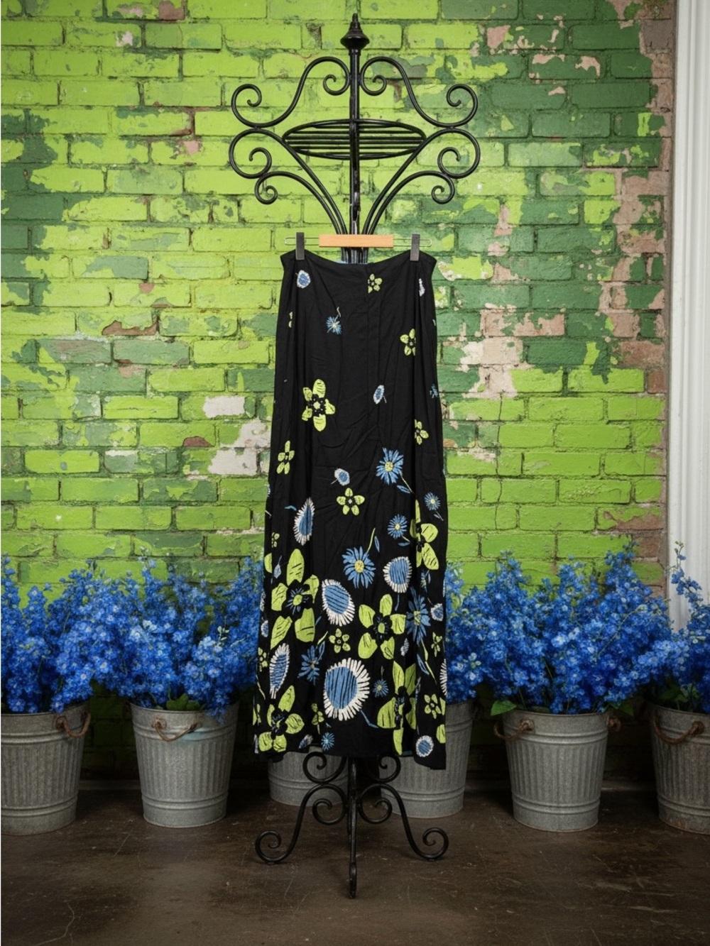 American Eagle Outfitters Black Maxi Skirt with Blue and Lime Floral Print